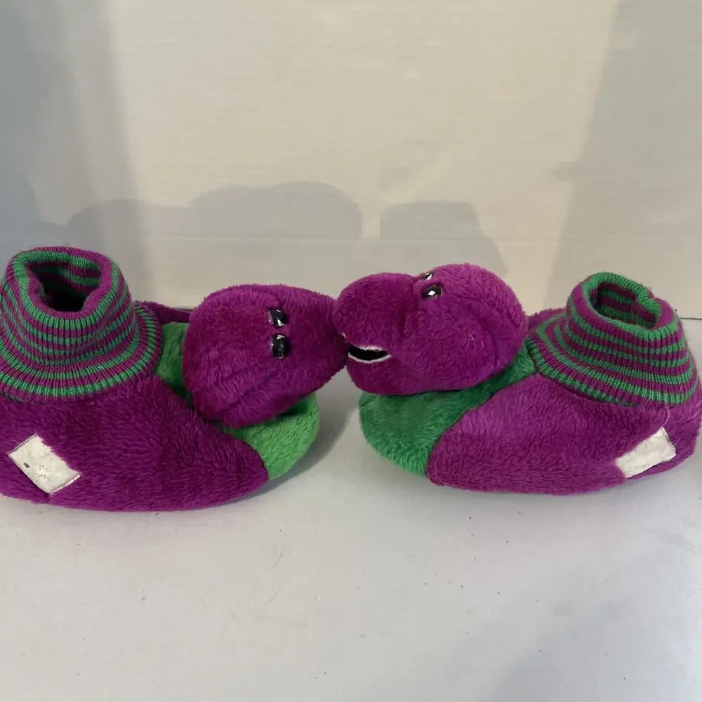 Vintage Barney Dinosaur Plush Slippers Purple Green Kids XL 11–12 1993